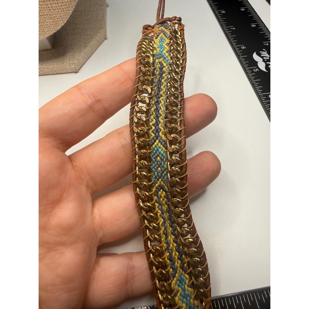 Boho Woven Leather Chain Cuff Bracelet Turquoise Yellow Geometric Toggle 7.5in